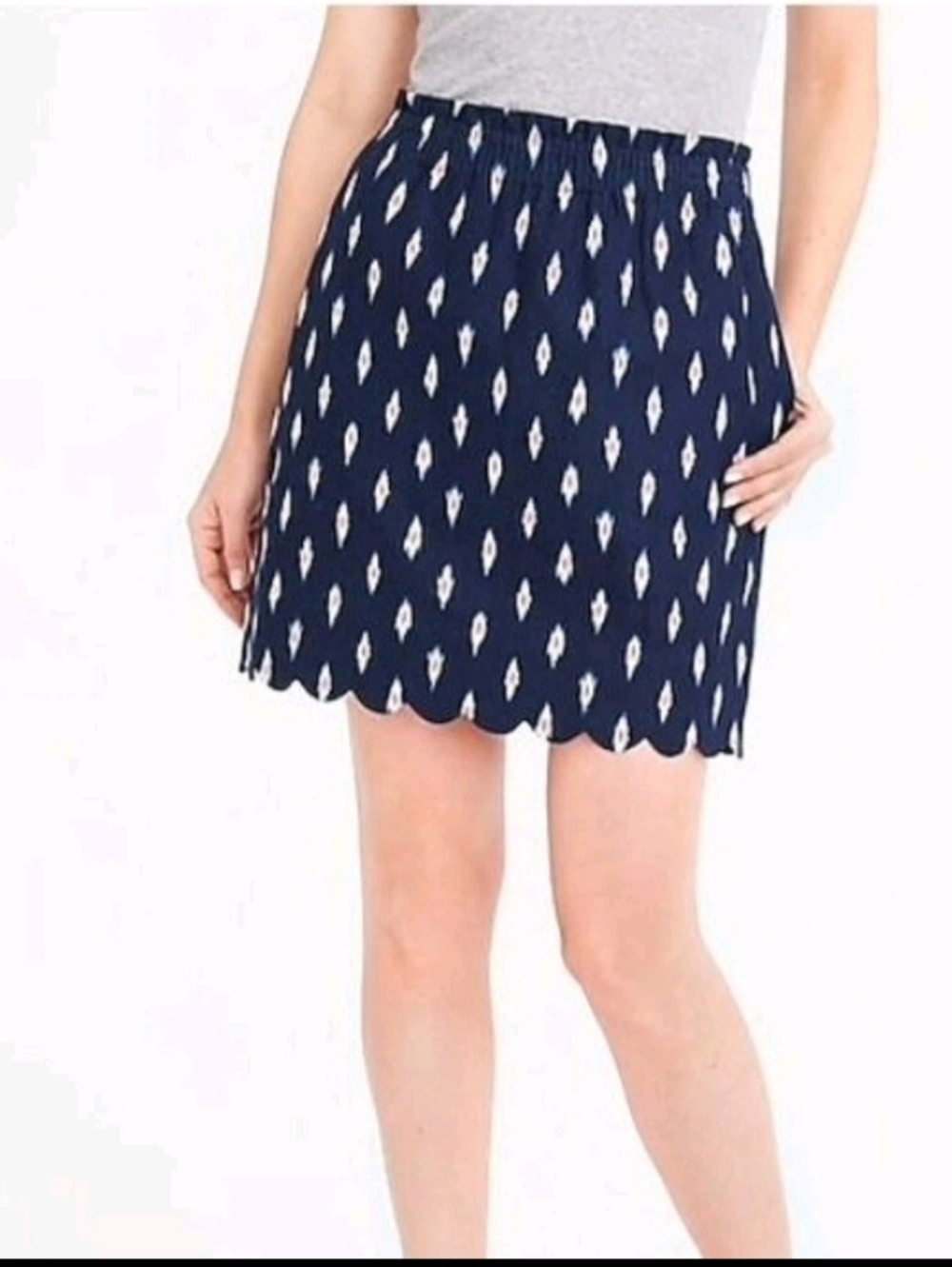 J.Crew Navy Linen Blend Graphic Jacquard Skirt Ikat Pattern Scalloped Hem Size 4